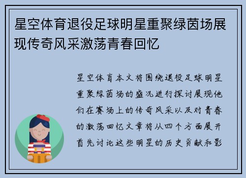 星空体育退役足球明星重聚绿茵场展现传奇风采激荡青春回忆