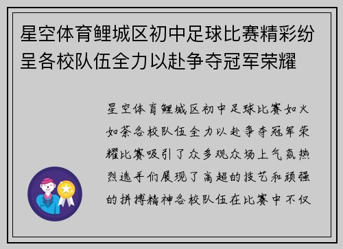 星空体育鲤城区初中足球比赛精彩纷呈各校队伍全力以赴争夺冠军荣耀
