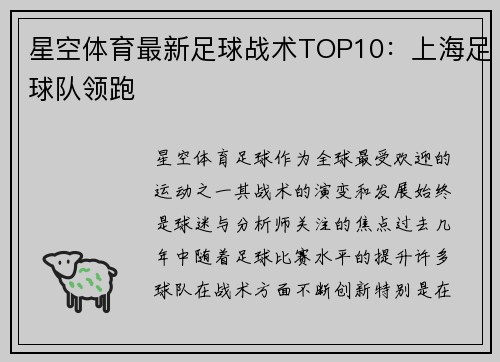 星空体育最新足球战术TOP10：上海足球队领跑