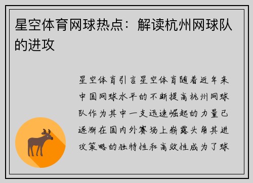 星空体育网球热点：解读杭州网球队的进攻
